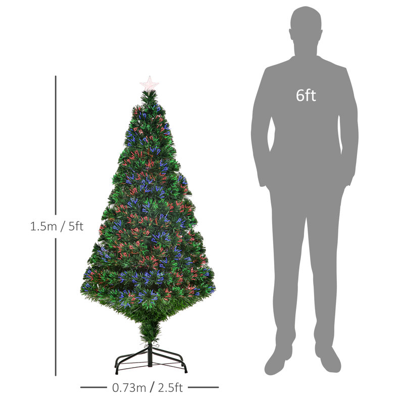 Xmas Pre-Lit Green Pine Artificial Christmas Tree with Multi-Coloured Lights and Stand, 5' H