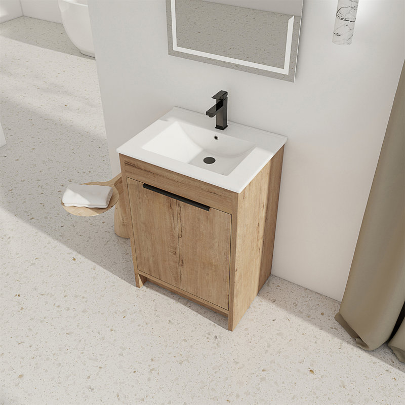 Meuble-lavabo autoportant avec lavabo en céramique blanche et 2 portes d'armoire à fermeture en douceur, Imitation chêne