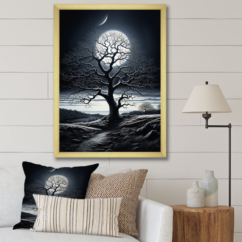 «Tree Moonlit Serenade - Landscape Trees», reproduction d'art sur toile, Cadre photo doré, H 40 po x l 30 po x P 1,5 po