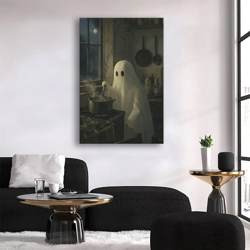 Marmite fantôme dans une cuisine rustique, toile murale vintage chaleureuse, 24 po x 32 po