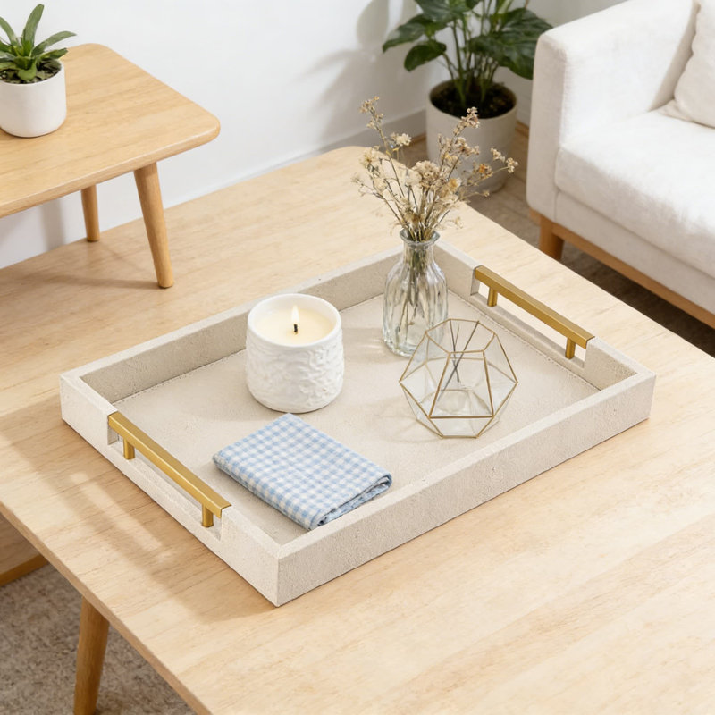 Large Rectangular Serving Tray With Gold Handles For Coffee Table Or Ottoman, Faux Leather Decorative Tray For Living Room, Bedroom, Or Kitchen