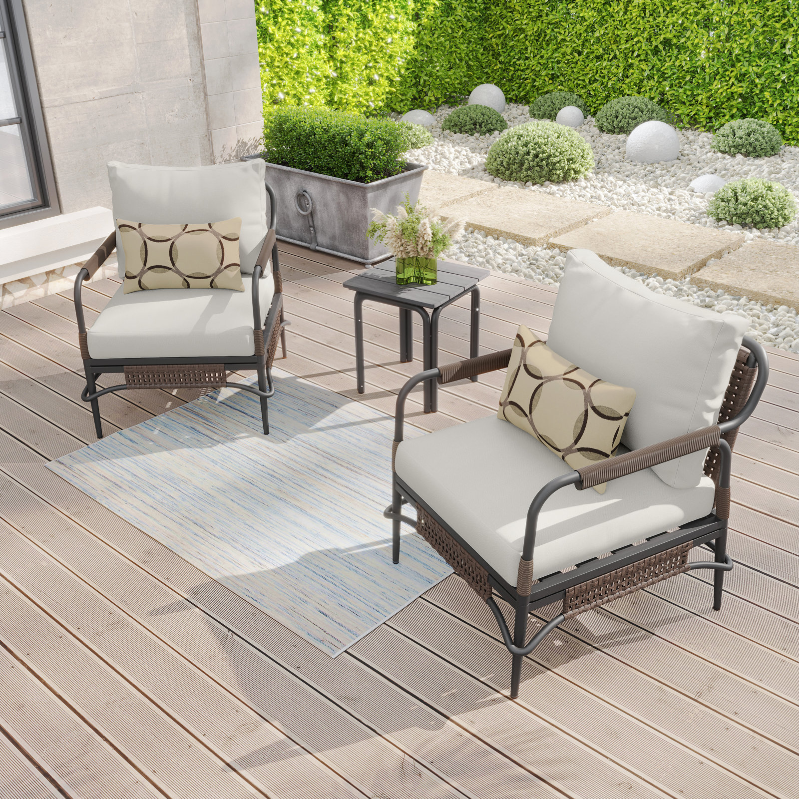 Hope 2 - Person Patio Conversation Set with Cushions, Dark Gray Frame/Beige Polyester Cushion