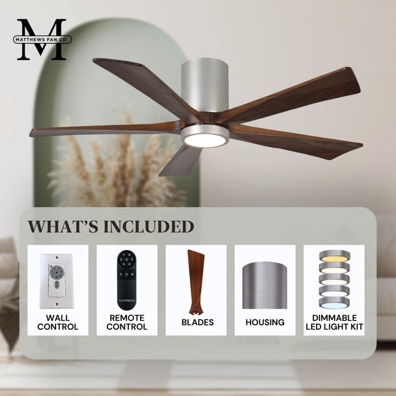 Irene Flushmount Light Kit 5 Blade LED Ceiling Fan, Brushed Nickel, Walnut Tone, 42"