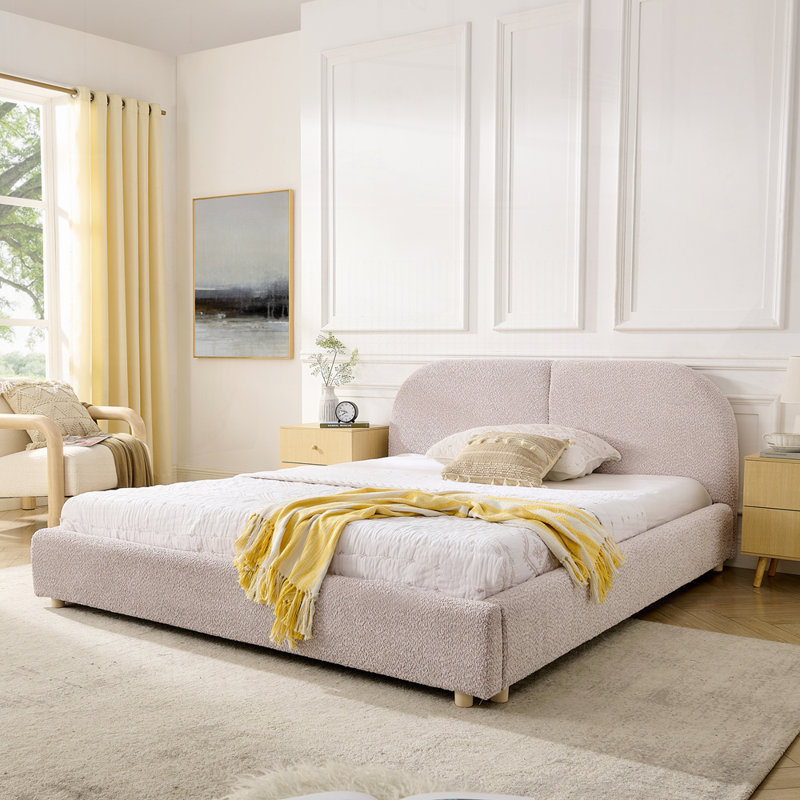 Structure de lit rembourrée de style minimaliste moderne avec une grande tête de lit courbée, Grand lit, Rose