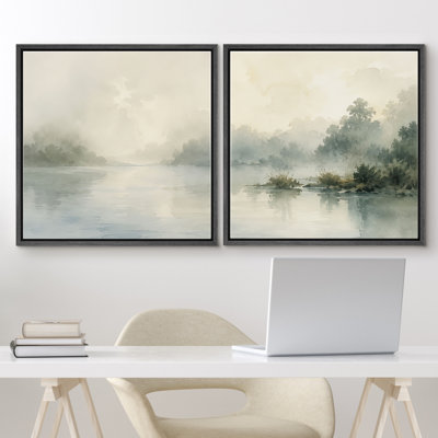 «Misty Lake Landscape with Soft Trees Water Reflections And Serene Green Tone», ensemble de 2 reproductions d'art