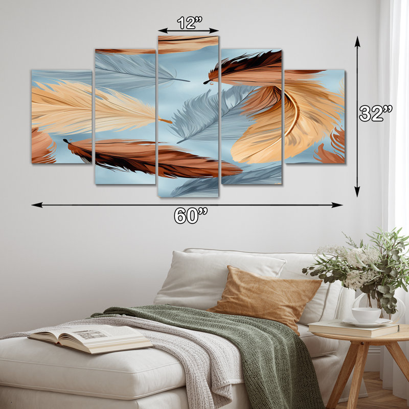 Retro Boho Feathers II - Feathers Canvas Print - 5 Panels