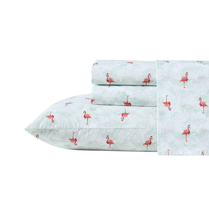 Tommy Bahama Printed Percale Cotton Sheet Set, King Sheet Set with 2 Pillowcases, Green Flamingo Santa