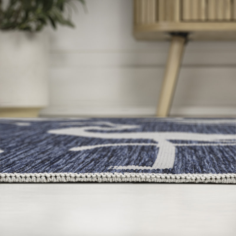 Cindia Casual Coastal Flamingos Two-Tone Navy/White Indoor/Outdoor Rug, Rectangle 7'10" x 10'