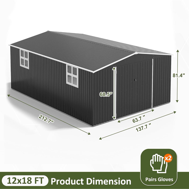 12 ft. W x 18 ft. D Large Outdoor Metal Shed, All-Steel Construction with Windows and Lockable Doors