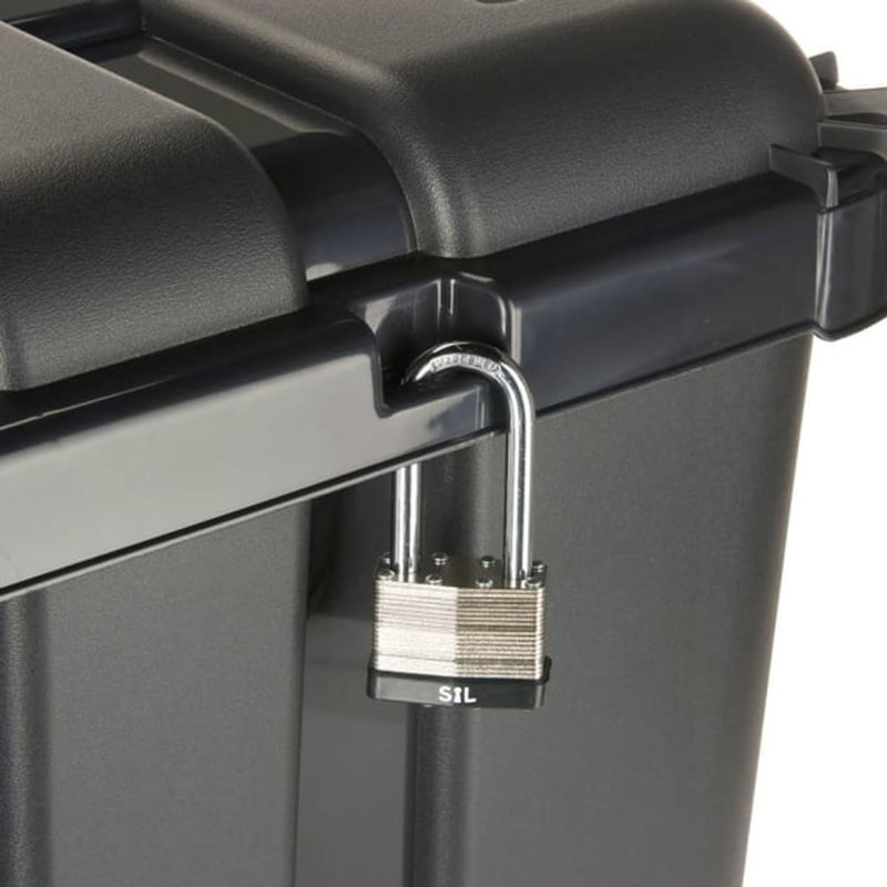 17 Stories Nore 79cm W 150L Water Resistant Polyethylene Plastic Lockable Deck Box with Wheels in Black
