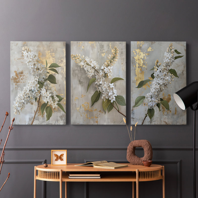 Série d'étude florale Lxxxvi - ensemble de 3 toiles tendues avec châssis - prêt à être accroché, H 27 po x l 18 po