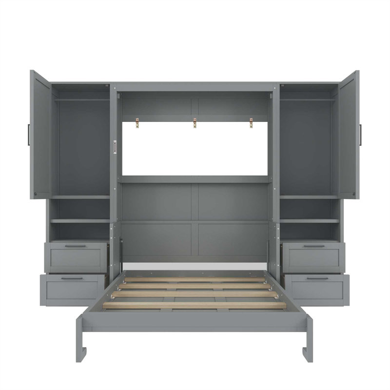 Lit escamotable double pleine grandeur avec placard, tiroirs et tablettes, gris