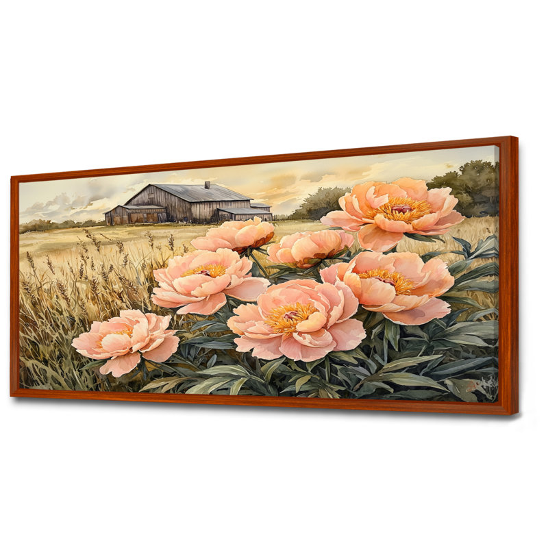 Dovil Farm, pivoines dans le bac à céréales, champ IV - pivoines, art mural, H 28 po x l 60 po, Impression encadrée flottante