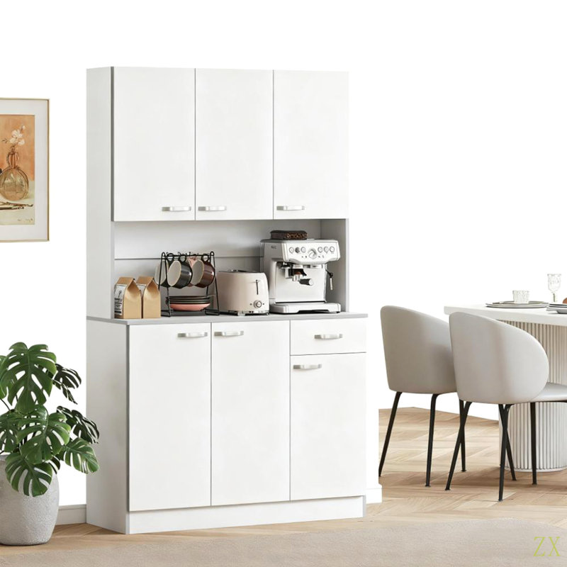 Armoire de cuisine 71 po, armoire de rangement haute avec support pour micro-ondes, huche de cuisine moderne avec comptoir, 6 portes, tiroir de rangement, 3 tablettes réglables Kitchen Pantry