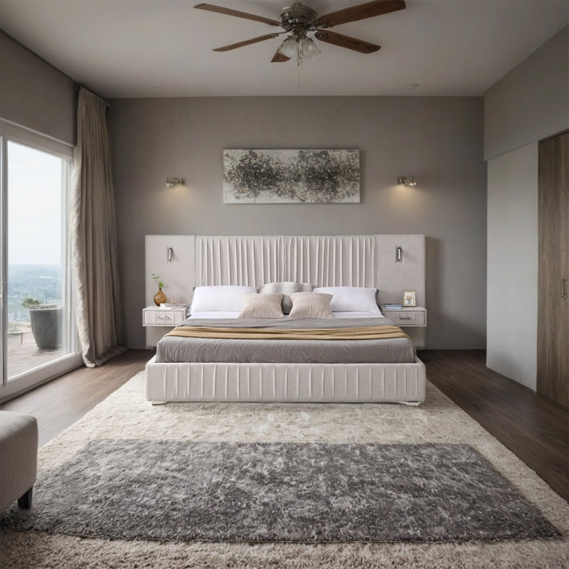 Structure de lit tapissier très grand avec tissu en chenille avec motif plissé, lit plateforme très grand avec tête de lit et structure solide et table de chevet. Pas besoin de sommier tapissier - beige