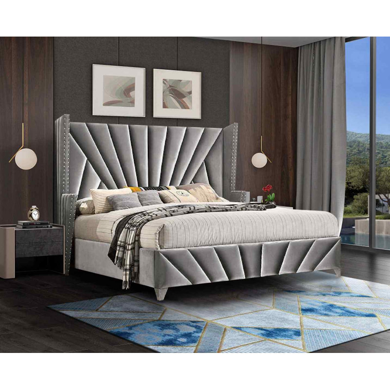 Upholstered Velvet Bed, Kingsize (5'), Grey