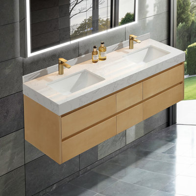 Solid wood Modern Wall Mounted Double Bathroom Vanity with Engineered Stone Top and Light