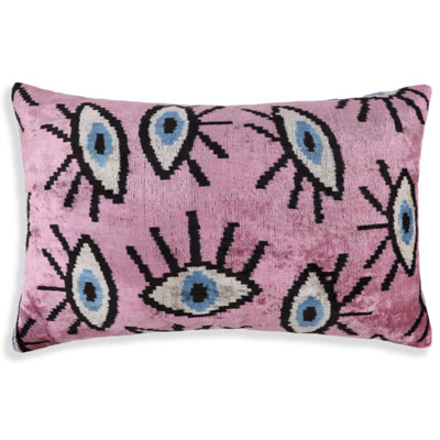 Luxury Pink Evil Eye Velvet Pillow 16X24 – Handmade Silk Lumbar Cushion With Bohemian Charm