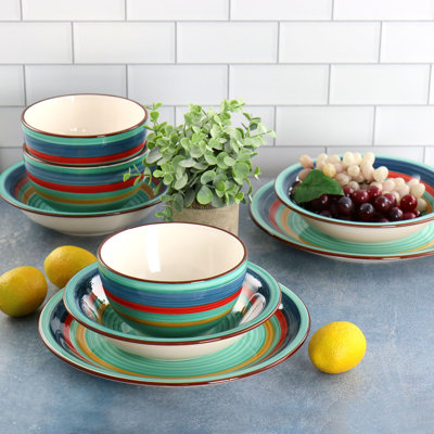 12 Piece Stoneware Dinnerware Set in Green Multi