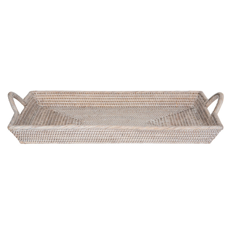 La Jolla Rattan Decorative Serving Tray with Ear Handles, Ottoman Tray, White