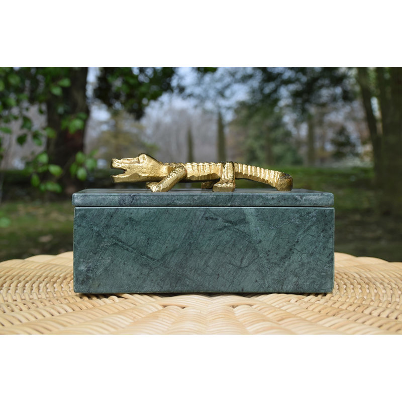 Green Marble Decorative Box with Brass Alligator Handle
