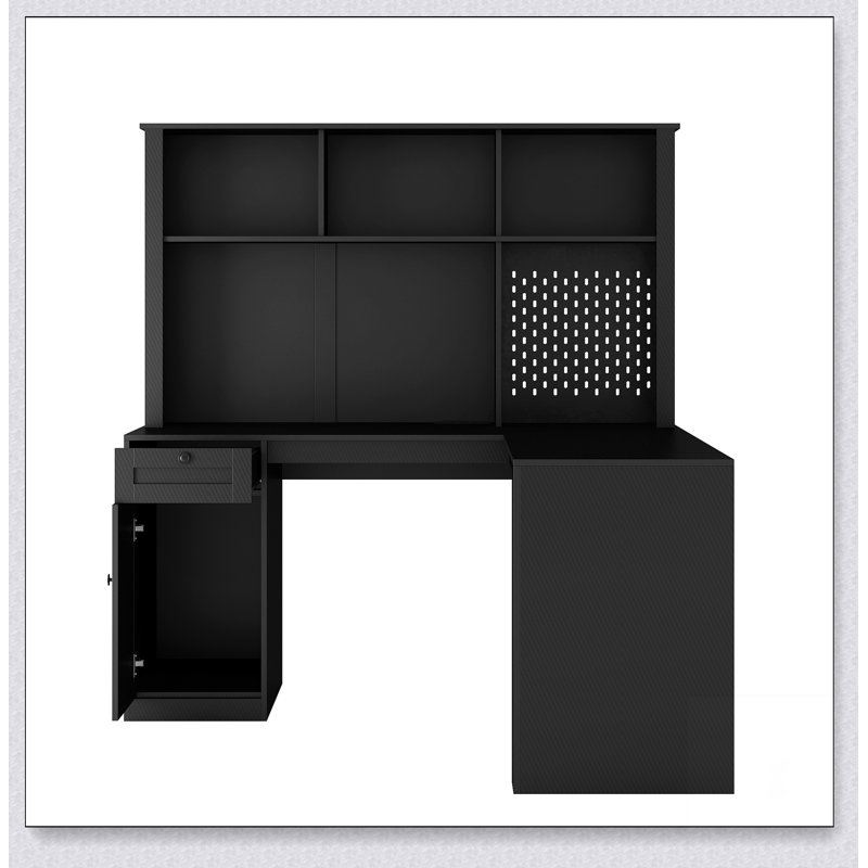 L Shaped Desk with outlet, Computer Desk with Drawers, Bookshelf & Hutch, Black