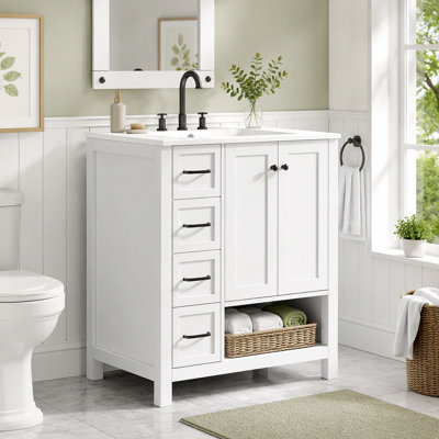 Meuble-lavabo 30 po avec comptoir, meuble-lavabo avec deux portes et deux tiroirs, bois massif, tablette ouverte, panneaux de fibres à densité moyenne, un paquet