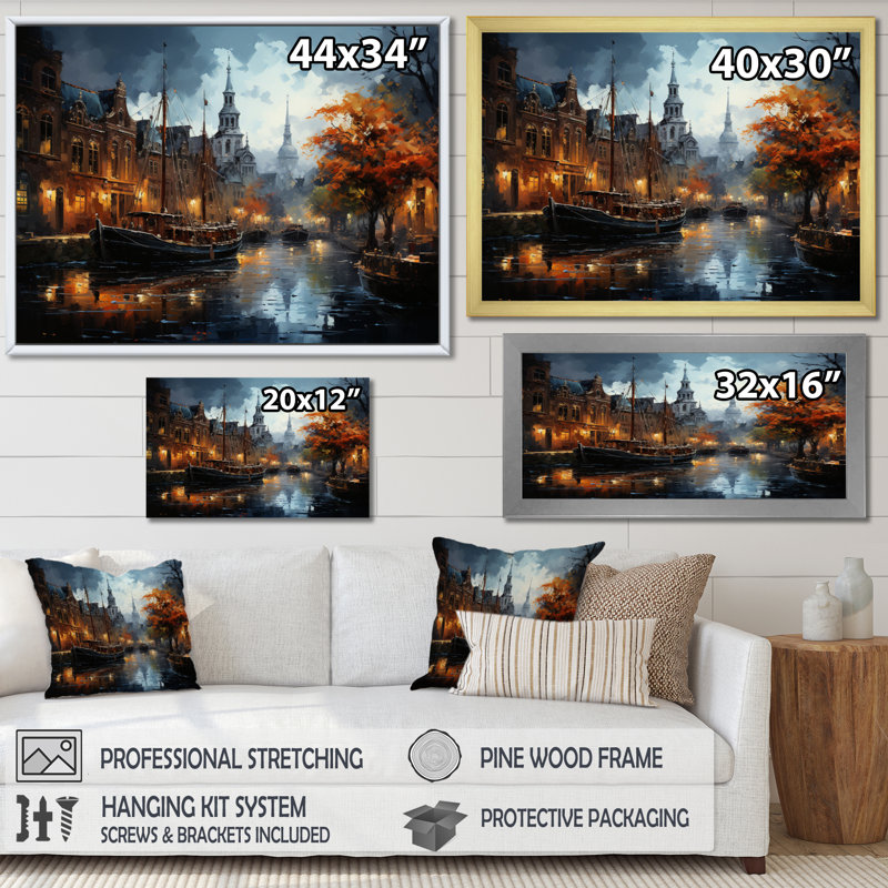 Danemark, Amsterdam, canal, nuit II - Danemark, art mural, H 16 po x l 32 po x P 1 po, Toile tendue