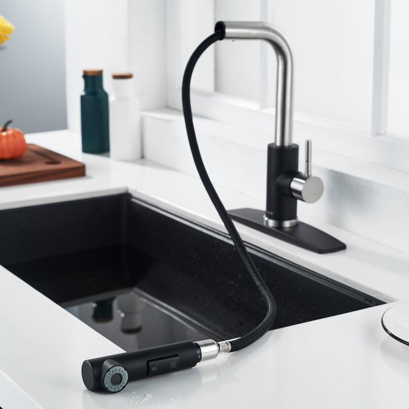 Pull Down Spray Single Lever Kitchen Tap, Black/Brushed