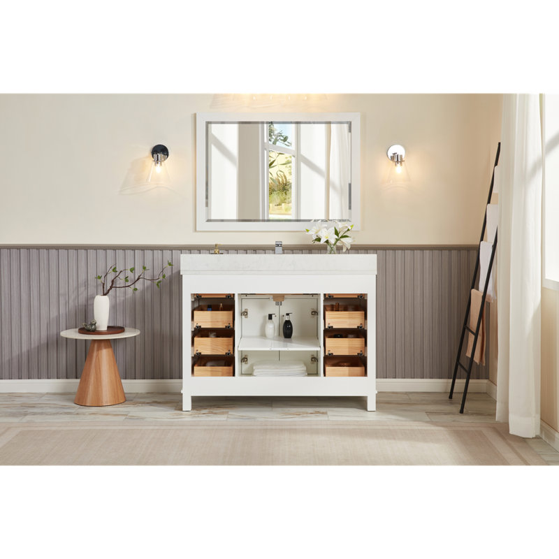 48" Solid Wood Sink Vanity With 1' Artificial Stone Top, Polished Chrome, White