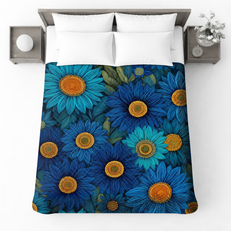 Blue Orange Flowers Quilted Bedspread, Queen