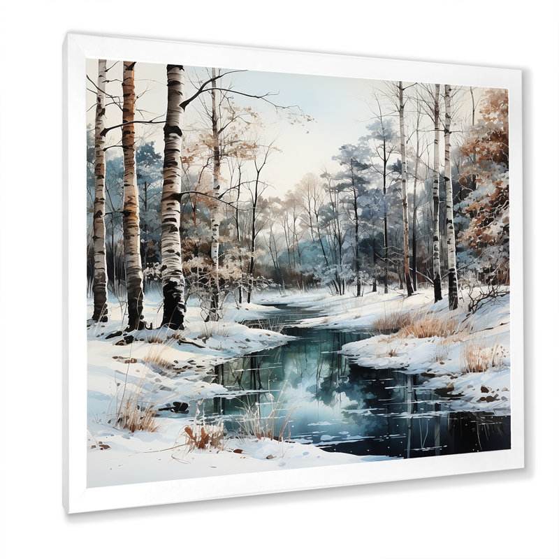 Rivière en forêt, paysage d'hiver - impressions sur toile de forêt, H 24 po x l 24 po x P 1 po, Cadre simple blanc