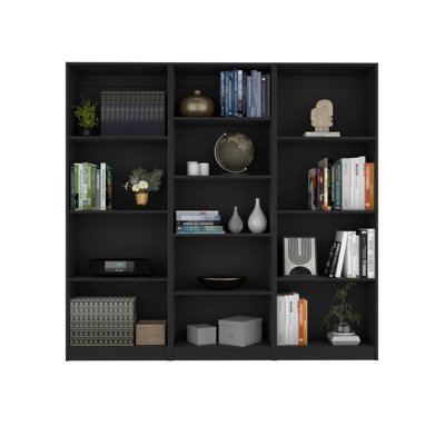Ensemble de bibliothèque 3 pièces Lainor, 74 po de largeur avec 13 tablettes, ensemble de salon noir