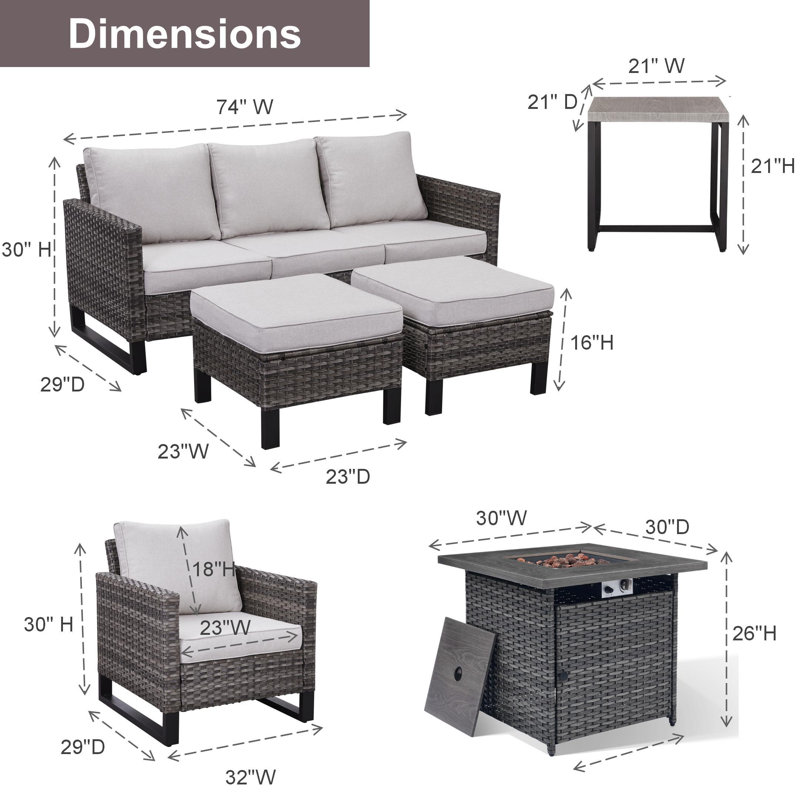 Ensemble de conversation d'extérieur en osier pour 5 personnes avec foyer et coussins, Beige