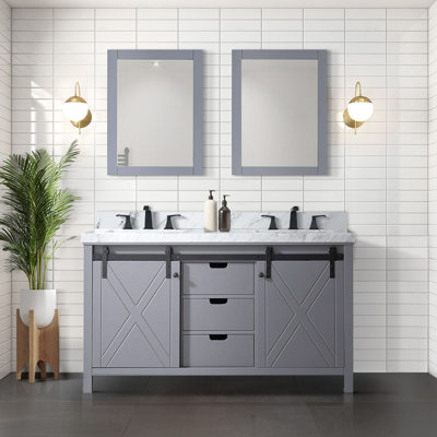 Marsyas 60 in W x 22 in D Dark Grey Double Bath Vanity, Carrara Marble Countertop and 24 in Mirrors -  Lexora, LM342260DBBSM24