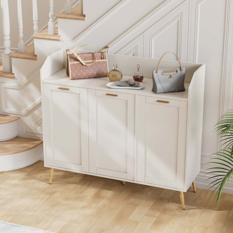 3-Tier Shoe Storage Cabinet With Doors, Farmhouse Shoe Rack With Adjustable Shelves & Side Cabinets, 42 Inch Tall Freestanding Organizer Cabinet Storage For Entryway Hallway Living Room Closet