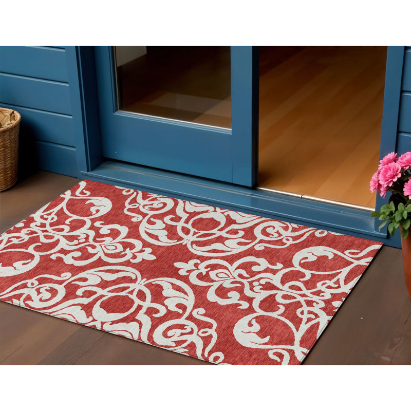 Tapis intérieur / extérieur damassé rouge et ivoire 3 pi x 5 pi