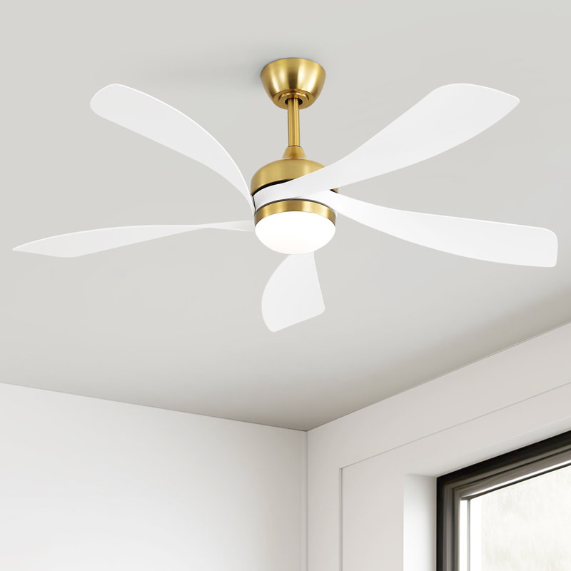 52" 5-ABS Blade Ceiling Fan With Led Light and Remote Control, DC, Silent, Forward and reverse(Gold&White), White Blade