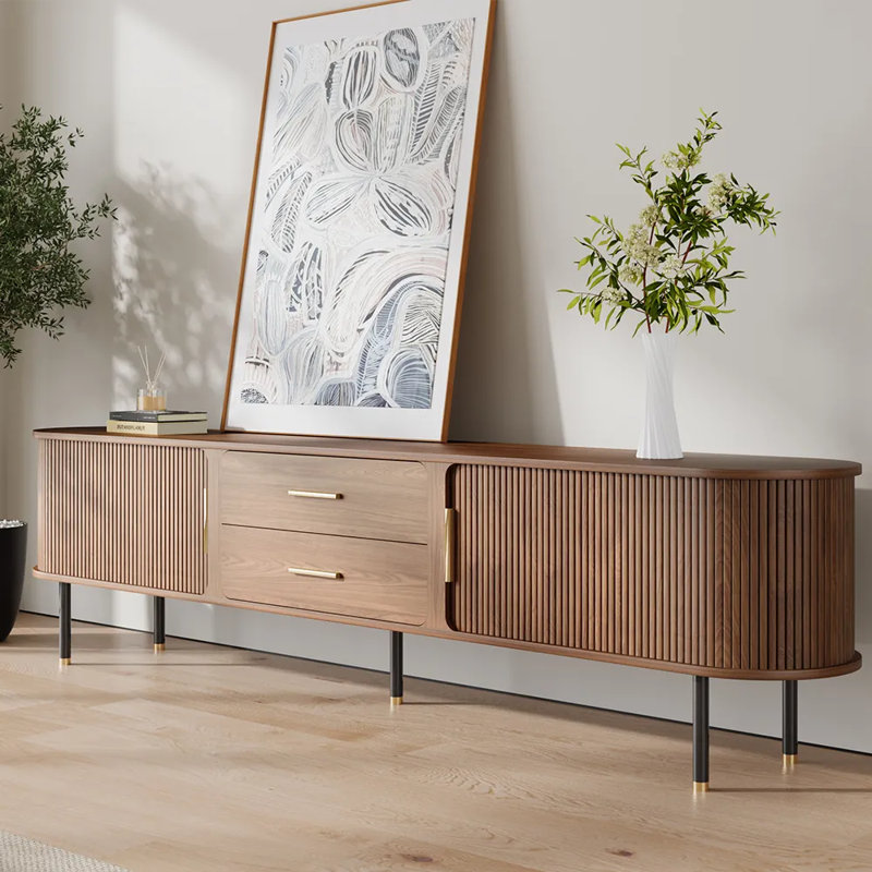 Meuble télé de style Mid-Century, console média en bois minimaliste avec volet roulant, Brun
