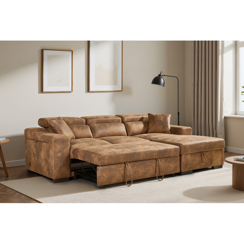 4 Seater Sofa Bed, Right Hand Facing, Brown Microfiber / Microsuede