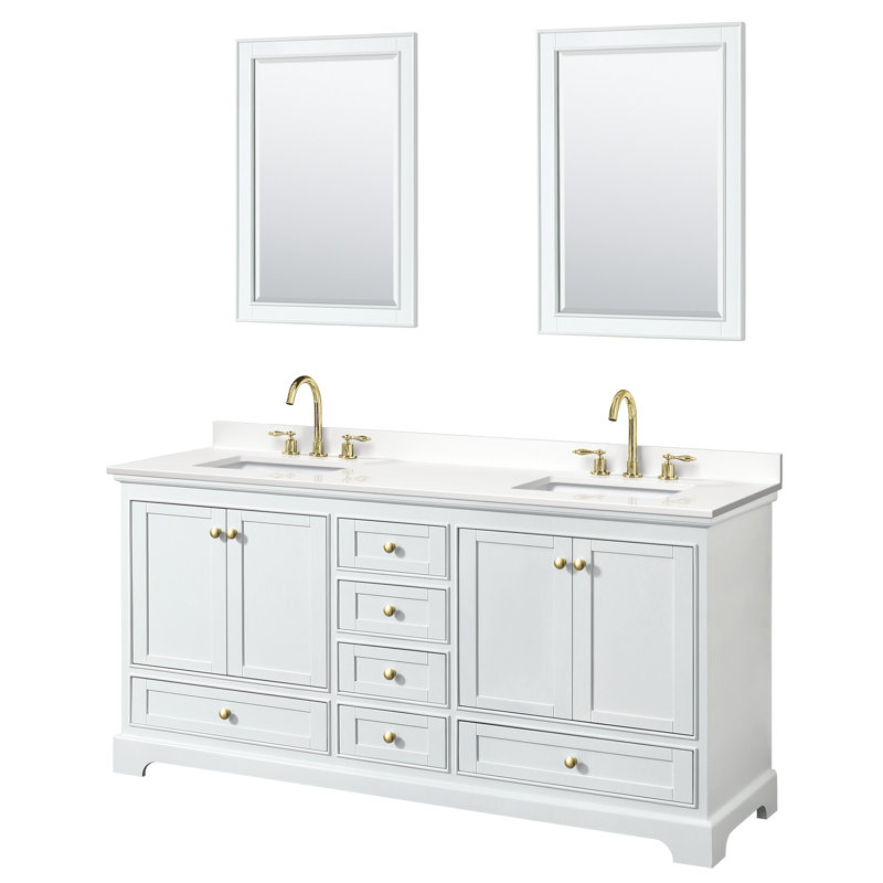 Ensemble de meuble-lavabo double autoportant 72 po avec plateau en quartz Deborah, Quartz blanc, Blanc, Noir mat