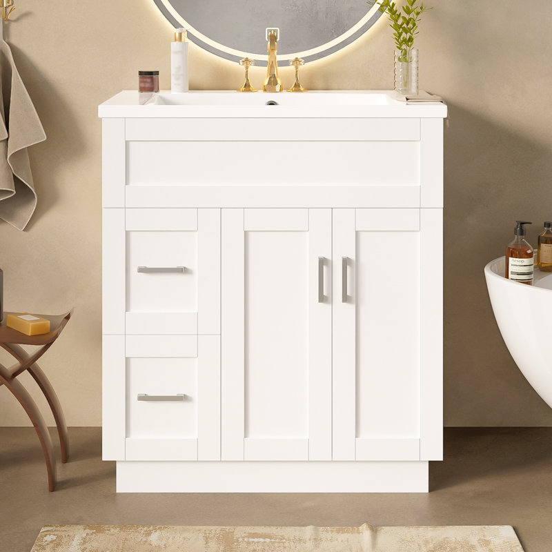 Meuble-lavabo simple 30 po, lavabo en résine, traditionnel, salle de bain, White, Silver