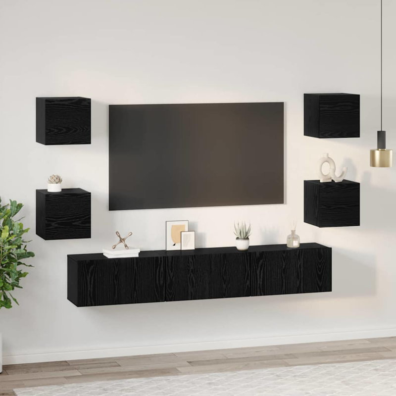 TV Cabinet Set 7 Pcs Engineered Wood, Black Oak, 30cm H x 180cm L x 30cm W