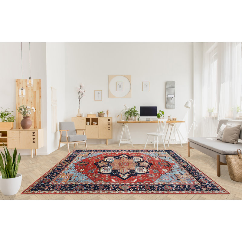 Wool Oriental Area Rug in Rust/Blue/Navy, Rectangle 10' x 14'