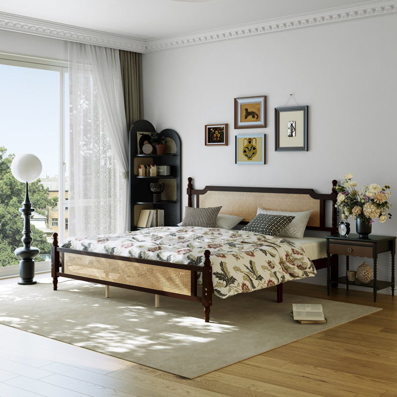 Pine Wooden Platform Bed With Rattan Headboard & Footboard, Espresso, King