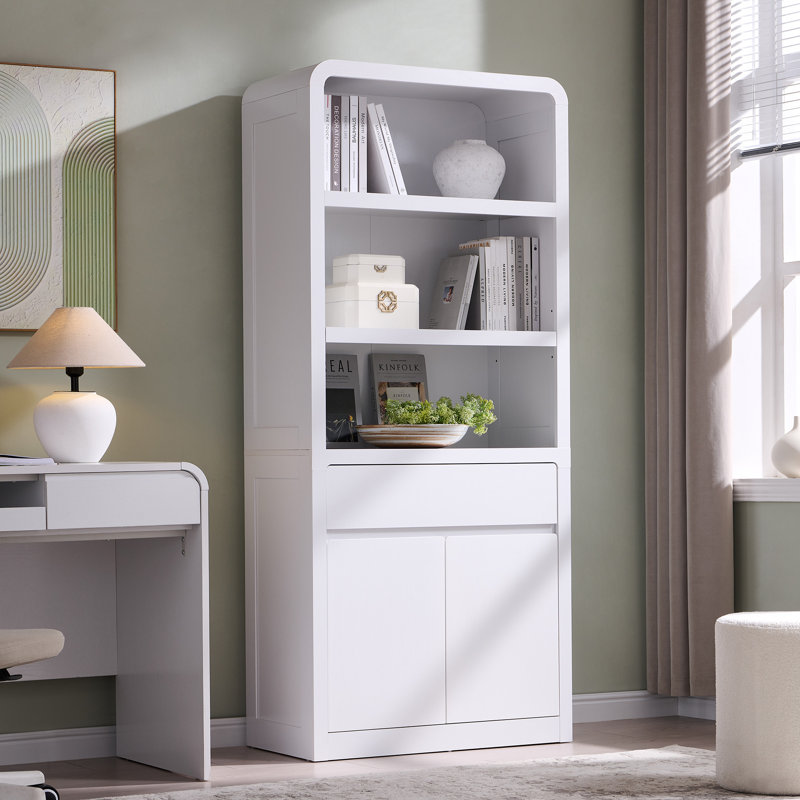 Maud 72" Tall Modern Bookcase with Doors & Drawer, 5-Tier Large Shelving Unit with Adjustable Shelves, Versatile Book Shelf w/Curved Profile Design