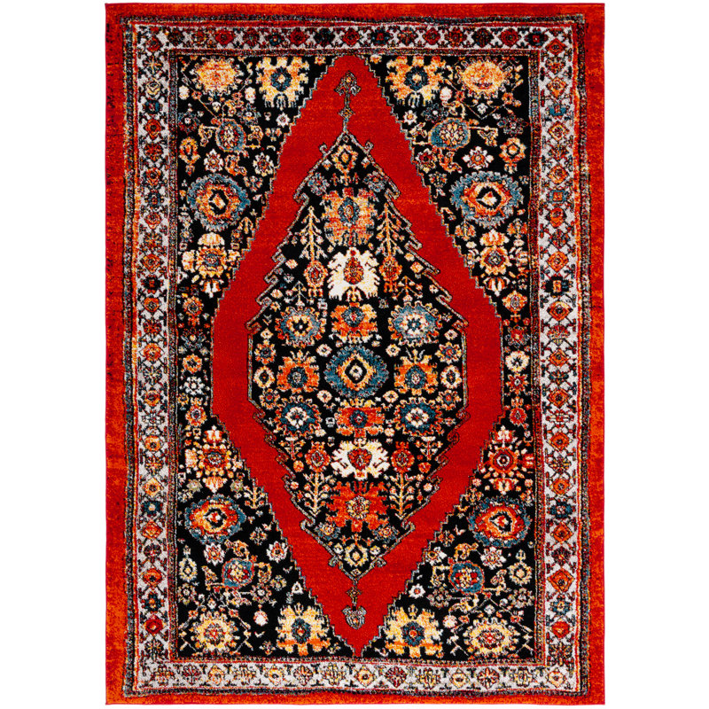 Tapis rétro rouge / noir Hamadan 265, Rectangle 2 pi 7 po x 5 pi