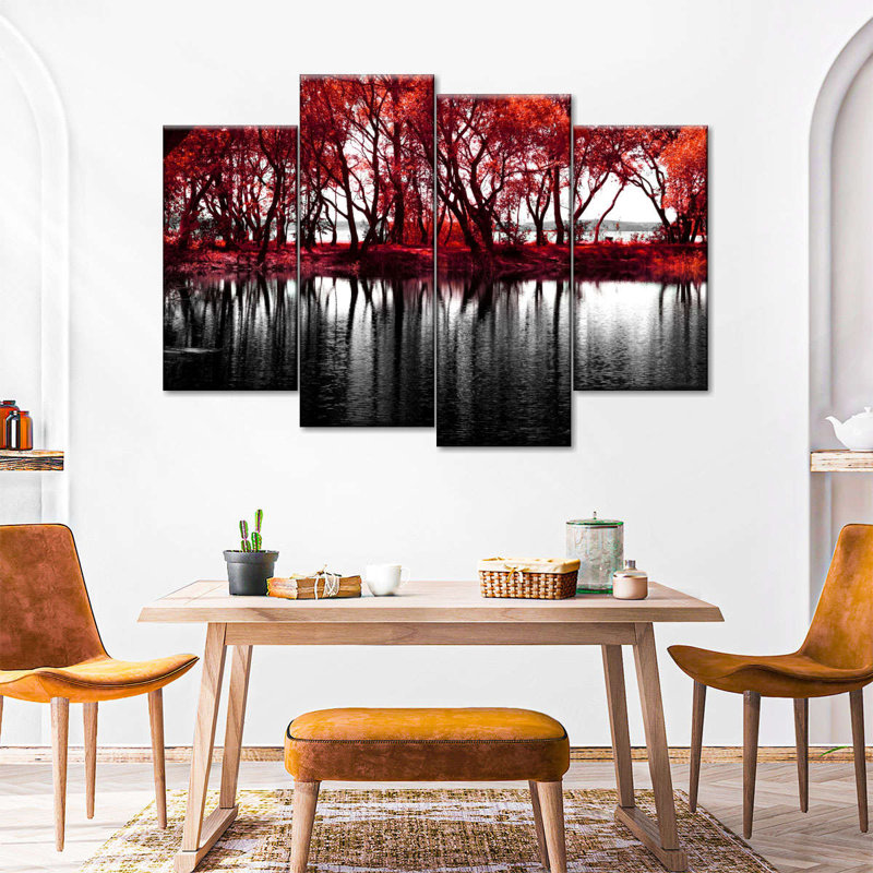 «Pop Lakeside Red Trees», reproduction d'art sur toile, H 54 po x l 84 po x P 1,25 po