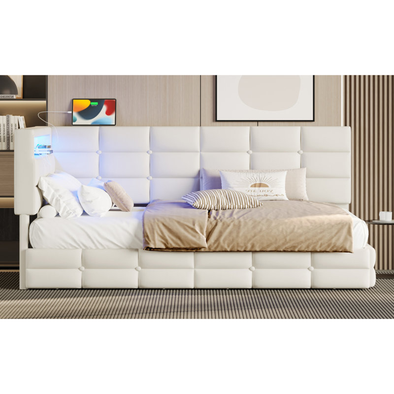 Lit de jour rembourré simple avec rangement 2 tiroirs et station de charge, structure de lit de jour avec lumières DEL et tête de lit, aucun sommier nécessaire, beige