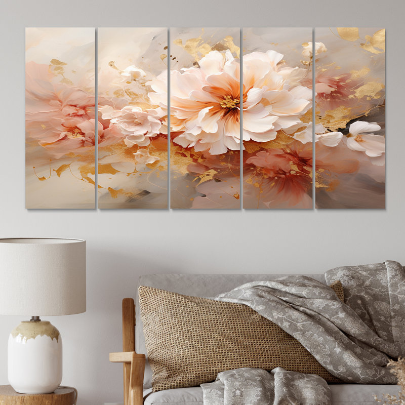 Shabby Elegance Blossoming Peony Flower - décoration murale fleurs - 5 panneaux égaux